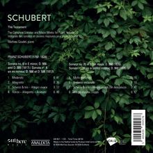 "Schubert: The Testament. Sonaten von Franz Schubert gespielt von Mathieu Gaudet. 8 Tracks mit Dauerangaben. Hintergrund: Blätter."