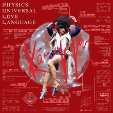 "PHYSICS UNIVERSAL LOVE LANGUAGE" und "KÁRYYN" in großen Buchstaben. Frau in futuristischer Kleidung vor rotem Hintergrund.