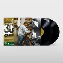 Texte: "Endtroducing.....30" "DJ Shadow". Plattencover mit einem Mann beim Durchstöbern von Schallplatten. Zwei Vinyl-Schallplatten sichtbar.
