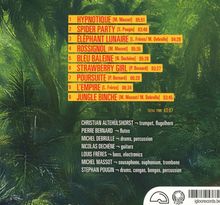 Titel 1: Hypnotique, 2: Spider Party, 3: Elephant Lunaire, 4: Rossignol, Hintergrund: grüne Blätter.