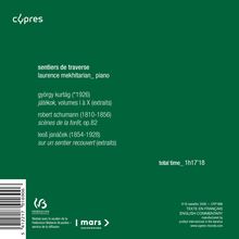 Grüner Hintergrund, weißer Text: "sentiers de traverse", "laurence mekhitarian _ piano", Werke von Kurtág, Schumann, Janáček.