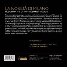 "LA NOBILTÀ DI MILANO: MUSIC FROM THE CITY OF THE SPANISH VICEROYS" über historische Musik aus Mailand. "BRUCE DICKEY," "THE BREATHTAKING COLLECTIVE & CAPPELLA MARIANA." Rechts: Aufnahmeort und Datum. Unten: Strichcode, "passacaille."