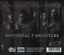 Oben: Songtitel in Großbuchstaben. Unten: "UNIVERSAL MONSTERS". Schwarz-weiß Portraits von fünf Personen in Lederjacken.