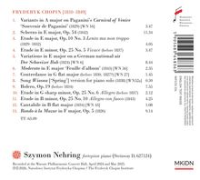 Trackliste von Fryderyk Chopin mit Werken und Zeiten. Szymon Nehring spielt Fortepiano. Logo rechts unten.