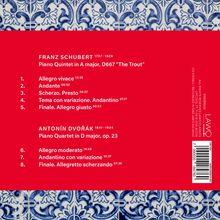 Roter Hintergrund mit klassischer Musikliste: Schubert „Die Forelle“ und Dvořák Quartett. Dekorative blaue Kachelmuster oben.
