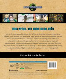 Logo „Log Horizon“, Text: „Das Spiel ist ihre Realität“. Beschreibung des Handlungsrahmens über Entscheidungen und Konflikte.