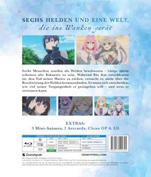 „Sechs Helden und eine Welt, die ins Wanken gerät.“ Beschreibung eines Animes und Extras. Enthält fünf Charakterbilder.