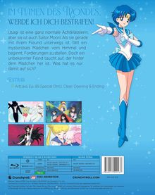 „IM NAMEN DES MONDES, WERDE ICH DICH BESTRAFEN!“ Text beschreibt Sailor Moons Abenteuer. Illustration einer Kriegerin.