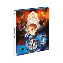Titel: "Fate/Zero". Altersfreigabe: FSK 16. Illustration zeigt Anime-Charaktere vor einem farbenfrohen, dramatischen Hintergrund.