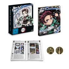 „Demon Slayer“ auf einer Box und einem Buch, das einen kämpfenden Charakter zeigt. Zwei Münzen mit "Tanjiro" und "Nezuko".