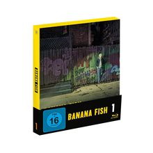 Texte: "FSK 16", "BANANA FISH 1". Eine Person steht an einem Zaun mit Graffiti in einer dunklen Gasse.