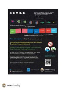 "DOMINO. Vorders. mit reichhalt. Illustrat. Rücks. mit dazugehör. illust. Worten. Verlag: aracari.ch." Unten Logos und QR.