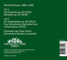 Richard Strauss 1864–1949. CD 1: Don Quixote, Macbeth. CD 2: Ein Heldenleben, Intermezzo. Orchester der Oper Zürich Logo.