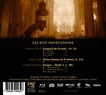 Texte: "SACRED IMPRESSIONS", Werke von Ravel, Liszt, Debussy. Abgebildet ist das Innere einer prächtigen Kirche.