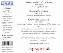 "Tactus" oben links, musikalische Werke von Francesco Nicolò De Rossi, Andrea Falconieri und Cristoforo Caresana. Unten das Logo von La Cantoria.