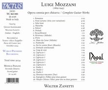 Texte: Luigi Mozzani, Opera omnia per chitarra, Complete Guitar Works. Ein Musikstück mit einer Liste von 26 Titeln. Zwei Logos rechts.
