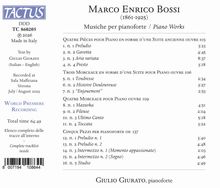 Texts include: Marco Enrico Bossi, Musiche per pianoforte. Tracklist with times, recorded in Verona, July/August 2025.