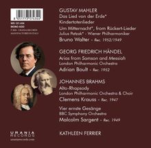 Titel und Künstler klassischer Werke, Komponisten: Mahler, Händel, Brahms. Dirigenten: Walter, Boult, Krauss, Sargent. Unten: Kathleen Ferrier.