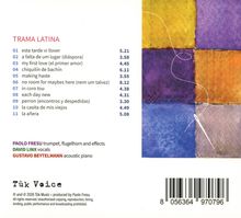 "TRAMA LATINA" gefolgt von 11 Titeln und Zeiten, Künstler: Paolo Fresu, David Linx, Gustavo Beytelmann. Patchworkfarben.