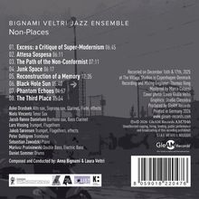 Rückseite eines Albums mit Titel "Non-Places" von "Bignami Veltri Jazz Ensemble", Liedliste und Musikerkredits.