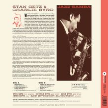 STAN GETZ & CHARLIE BYRD, JAZZ SAMBA. Die Rückseite eines Albums mit Text über Bossa Nova und Jazz. Bild zweier Musiker.