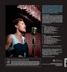 Texte: "Side A", "Side B", "Billie Holiday", "Trav'lin' Light", "Good Morning, Heartache". 

Illustration einer Frau am Mikrofon.