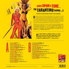 Ein gelbes Plattencover mit dem Titel "Once Upon a Time... The Tarantino Sound Vol. 2". Unten links eine Liste von Songs. Links eine Illustration dreier Frauen, eine in rotem Anzug mit Schwert.