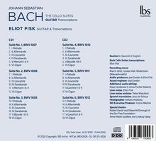 „BACH: THE CELLO SUITES GUITAR Transcriptions, ELIOT FISK. CD1 und CD2 Tracklisten, Infos zu Aufnahme, Bearbeitung und Mitwirkenden.“