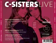 Text: "C-SISTERS LIVE", "Sergej Rachmaninoff", "Dmitri Shostakovich", "Camille Saint-Saëns", Auflistung von Musikstücken.

Zwei Frauen schauen in die Kamera. Logos von Indivian und Et'cetera.