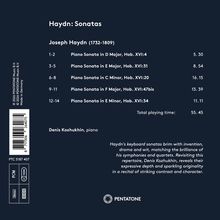Aufschrift: Haydn: Sonatas, Joseph Haydn (1732-1809). Details zu Klaviersonaten und Spielzeiten. Interpret: Denis Kozhukhin. Oben zentriert. Unten ein Kreis-Logo von PENTATONE.