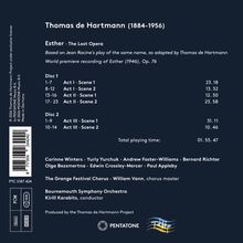 Beschreibung der Texte: "Thomas de Hartmann (1884-1956). Esther · The Lost Opera. Disc 1: Act I · Scene 1..."  
Logos von Pentatone und Jean Racine Project.