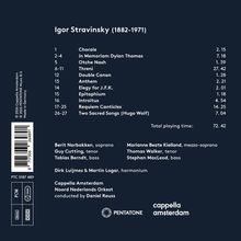Album von Igor Stravinsky mit Titeln und Laufzeiten. Künstlernamen und Ensembleinfos. Logos von Pentatone und Cappella Amsterdam.