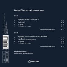 Texte: Dmitri Shostakovich (1906-1975), Symphony No. 5 in D Minor, Op. 47, Symphony No. 7 in C Major, Op. 60 “Leningrad”, Czech Philharmonic, PENTATONE Logo.