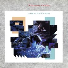 "Thomas Dolby", "The Flat Earth". Geometrische Formen und Fluss, Person am Wasser in einer Collage.