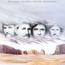 Text: "Waylon Jennings, Willie Nelson, Johnny Cash, Kris Kristofferson, Highwayman". 

Gemälde: Vier Köpfe in Wolken über Wüste.