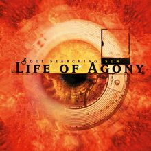 "Soul Searching Sun" und "Life of Agony" in der Mitte, Auge in leuchtenden Rot- und Gelbtönen.