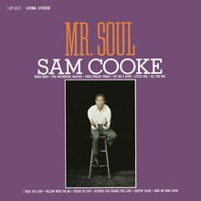 Albumcover mit dem Text: "MR. SOUL" oben, "SAM COOKE" darunter. Farbpalette: Lila Hintergrund, Person auf Stuhl.
