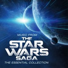 Texte: "Music from The Star Wars Saga: The Essential Collection". Hintergrund: Planeten und Lichtstrahlen im Weltraum.