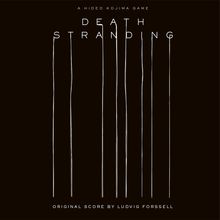 Text: "Death Stranding". Vertikale Linien vor dunklem Hintergrund.