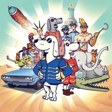 Zwei Hunde in Uniformen stehen vorne. Dahinter bunte Figuren, ein Auto und ein Rakete, in cartoonhaftem Stil.