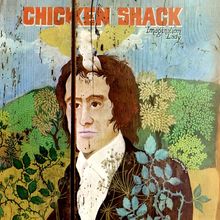"CHICKEN SHACK", "Imagination Lady". Illustration einer Person vor einer Landschaft mit Pflanzen und einem Engel über dem Kopf.
