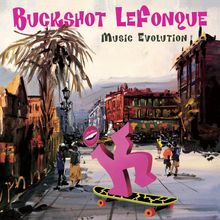 "BUCKSHOT LEFONQUE Music Evolution!" Text über einer farbenfrohen, urbanen Straßenszene mit Palme, Gebäude und stilisiertem Skateboard.