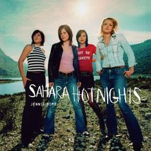 "Sahara Hotnights" und "Jennie Bomb". Vier Frauen in lässiger Kleidung stehen in einer landschaftlichen Umgebung vor Wasser.