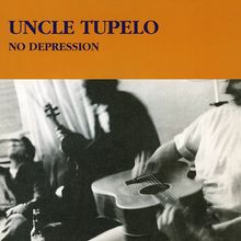 Text: "UNCLE TUPELO NO DEPRESSION". Schwarz-weiß Bild, unscharf. Personen mit Gitarren in entspannter Atmosphäre.