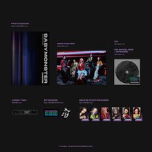 PHOTBOOK, MINI POSTER, CD, CD ENVELOPE + STICKER, LOGO TAG, STICKERS, SELFIE PHOTOCARDS; BABYMONSTER CHOOM.