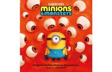 Text: "Minions & Monsters Original Motion Picture Soundtrack Music by John Powell". Gelber Minion vor orangefarbenem Hintergrund mit Augen.