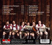 Titelliste einer Musiksammlung. Sechs Männer in Tracht halten Instrumente vor einer Holzwand. Logo: "Tyrolis music".