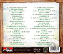 Playlist mit Liedern, Künstlern und Zeiten auf rustikalem Hintergrund. Tyrolis Music-Logo unten mit Kontaktdaten.