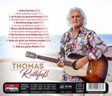 Liste von Liedern mit Titeln und Zeiten. Mann mit blumigem Hemd hält Gitarre. "THOMAS ROTHFUß" in großem Text. Logo unten.