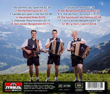 Zwölf Liedtitel mit Zeiten. Drei Männer in Tracht mit Gitarre und Akkordeons vor Berglandschaft, klarer Himmel. Logo unten.